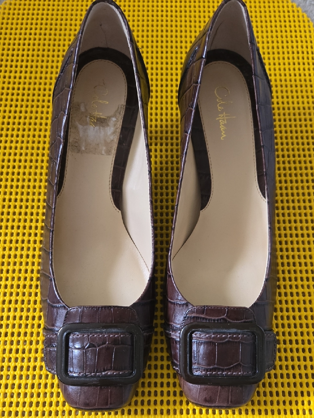 Cole Haan Brown Croc-Embossed Leather Flats with Buckle